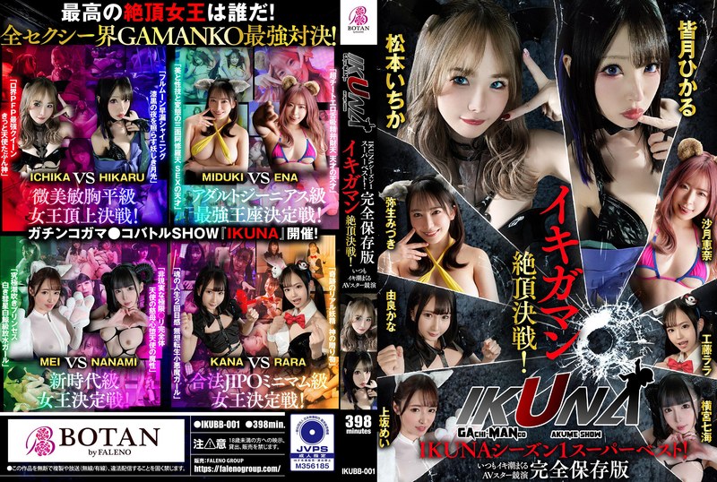 IKUNAシーズン1スーパーベスト！完全保存版いつもイキ潮まくるAVスター競演＜イキガマン狂い＞絶頂決戦！最高の絶頂女王は誰だ！全セクシー界GAMANKO最強対決！松本いちかvs皆月ひかる/由良かなvs工藤ララ/横宮七海vs上坂めい/沙月恵奈vs弥生みづき パッケージ画像